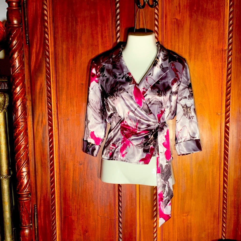 NWOT Elegant Silver Wine Red Multi Wrap Tie Satin Blazer L